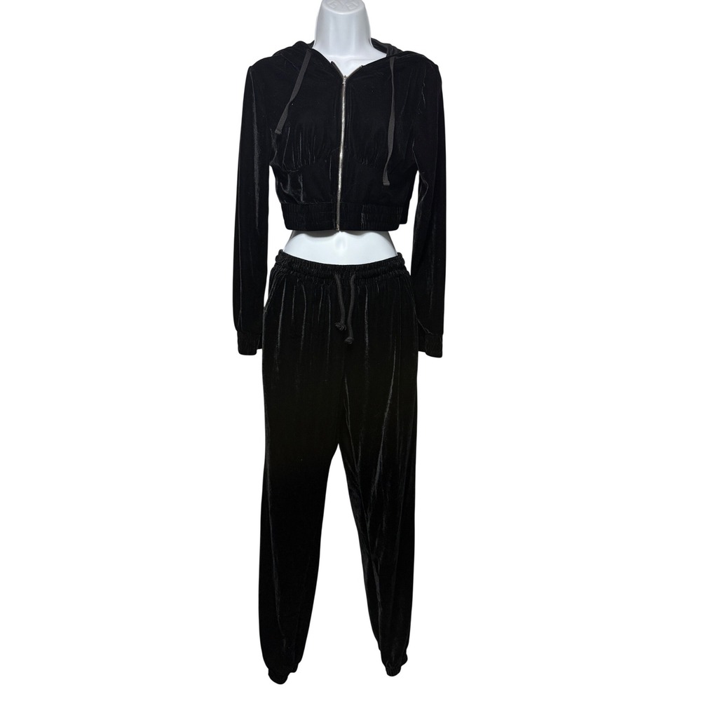 Black Velvet Tracksuit Set Size Medium Crop Zip Hoodie Joggers Y2K Streetwear